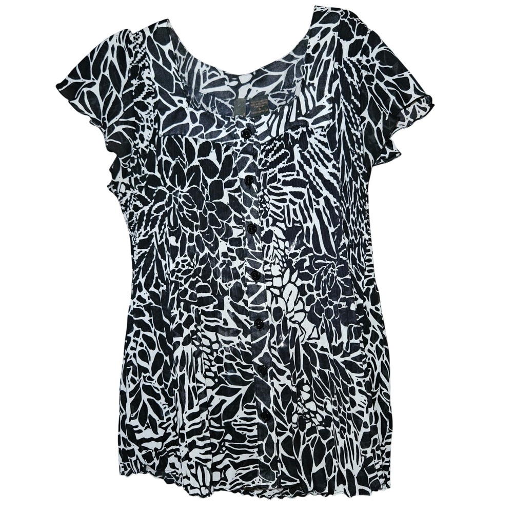Serenade New York Black‎ White Abstract Floral Pleated Flutter Sleeve Blouse S